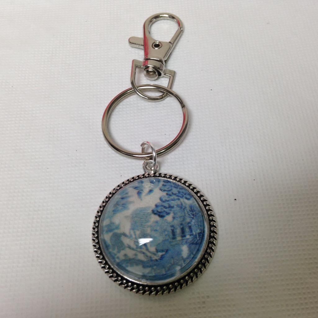 2 in 1 Combo-1.25in Round Blue Willow Cord Necklace and 3.5in L Silver Key Chain