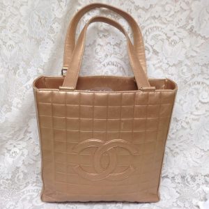 Authentic, Chanel Gold Lambskin Choco Bar Hand Bag 11.5in H x 11in L x 3in W