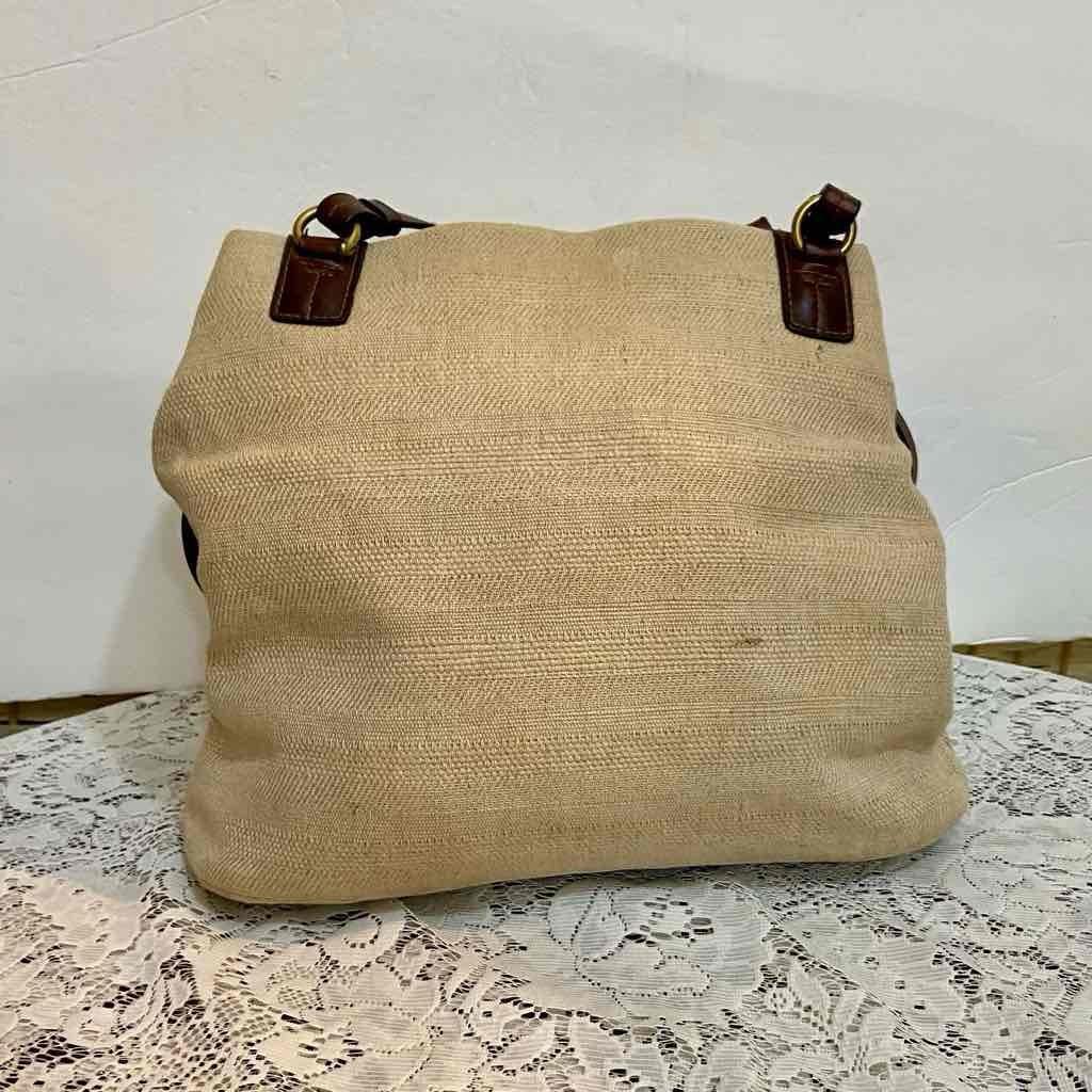 Beige Canvas Shoulder Bag with Brown Leather Shoulder Strap