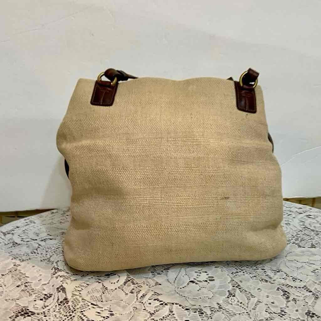 Beige Canvas Shoulder Bag with Brown Leather Shoulder Strap