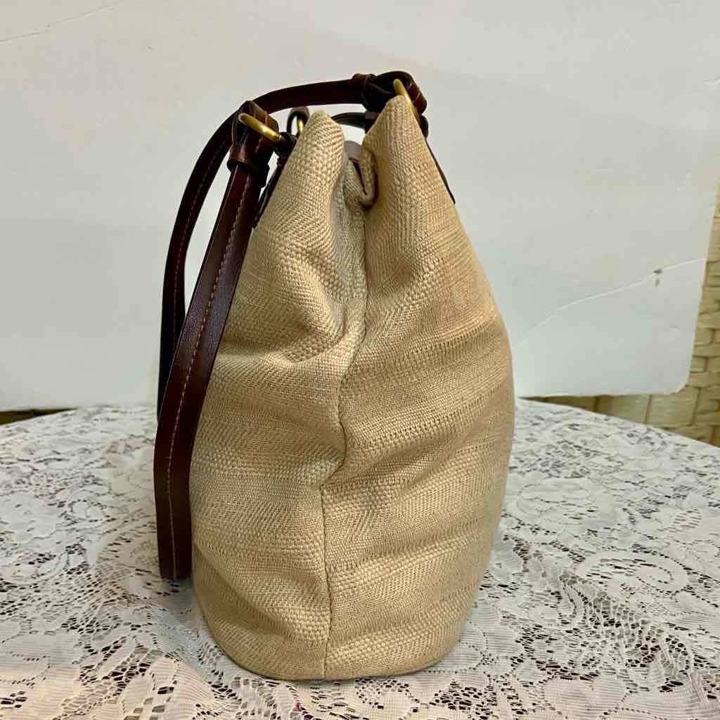 Beige Canvas Shoulder Bag with Brown Leather Shoulder Strap
