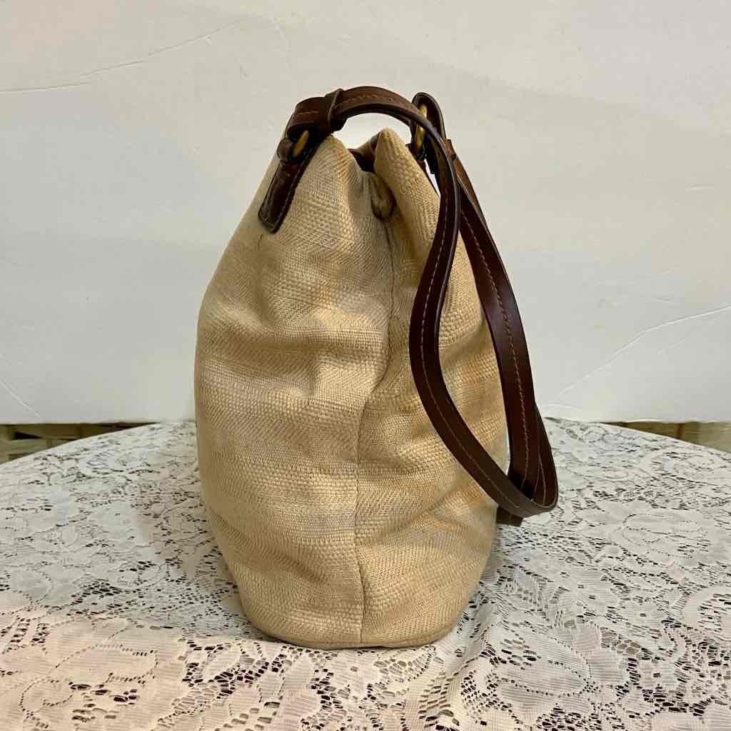Beige Canvas Shoulder Bag with Brown Leather Shoulder Strap