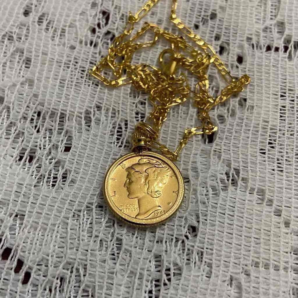Authentic 1942 Silver (Gold Plated) Mercury Dime, with 18-inch Gold Necklace