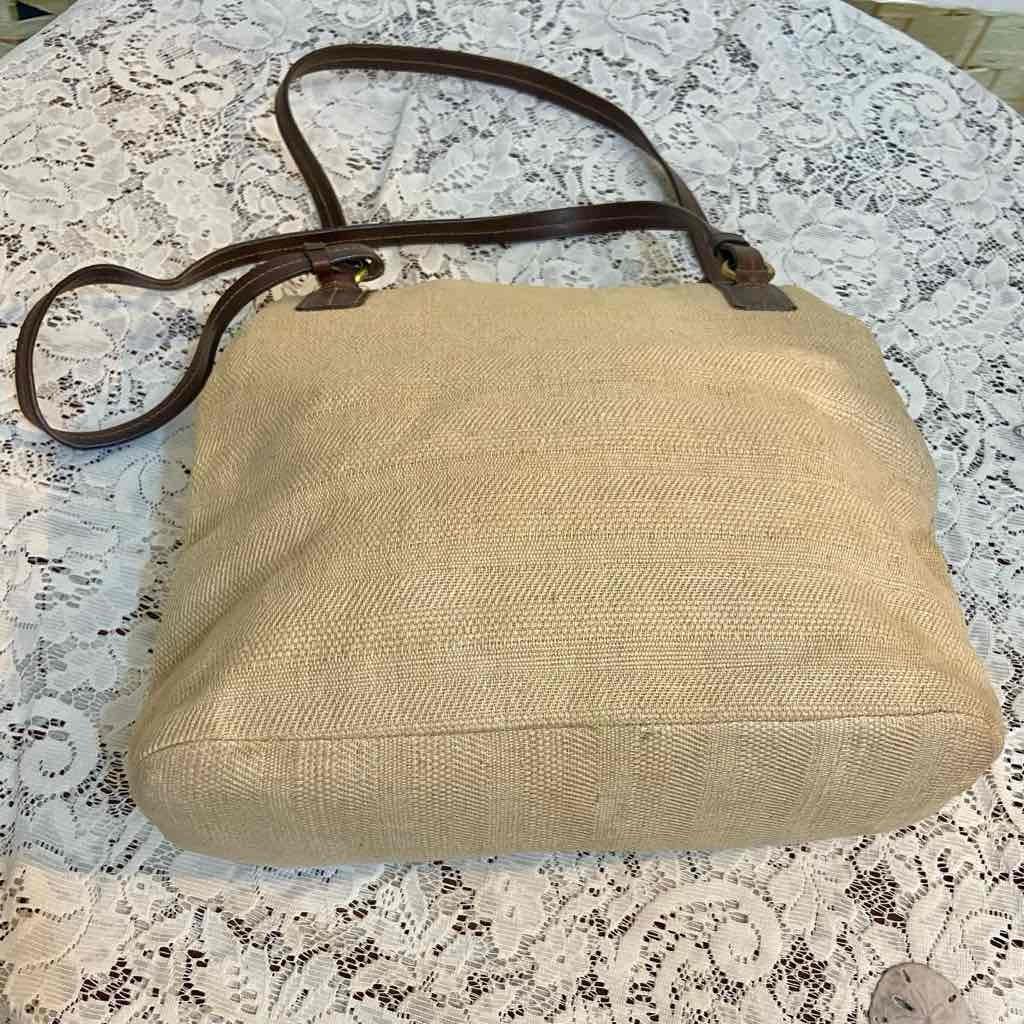 Beige Canvas Shoulder Bag with Brown Leather Shoulder Strap