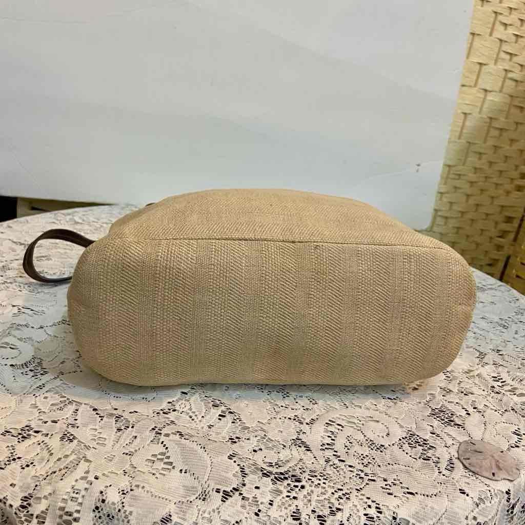 Beige Canvas Shoulder Bag with Brown Leather Shoulder Strap
