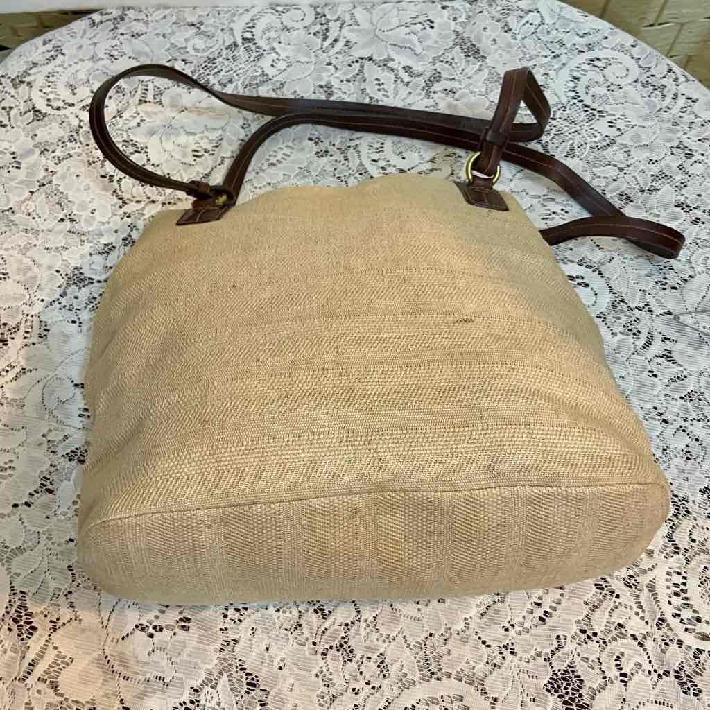 Beige Canvas Shoulder Bag with Brown Leather Shoulder Strap
