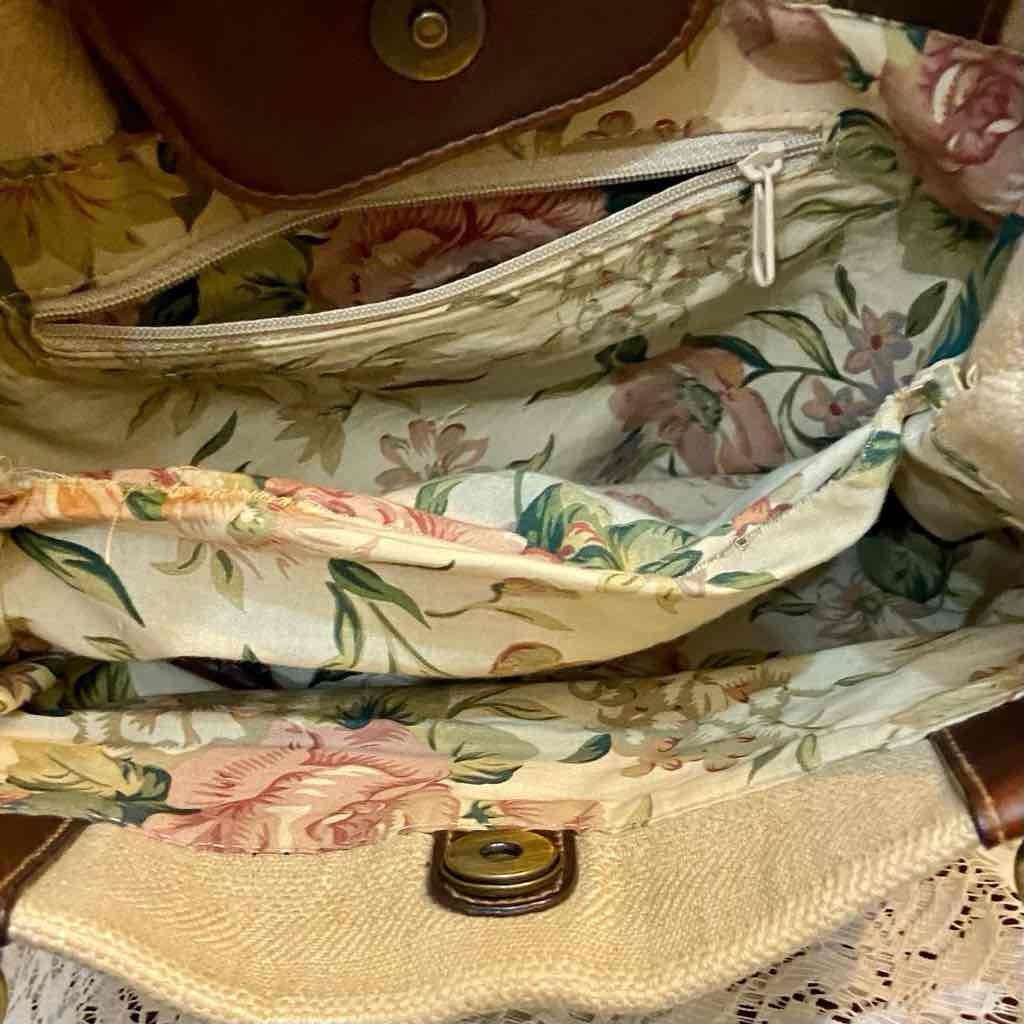 Beige Canvas Shoulder Bag with Brown Leather Shoulder Strap
