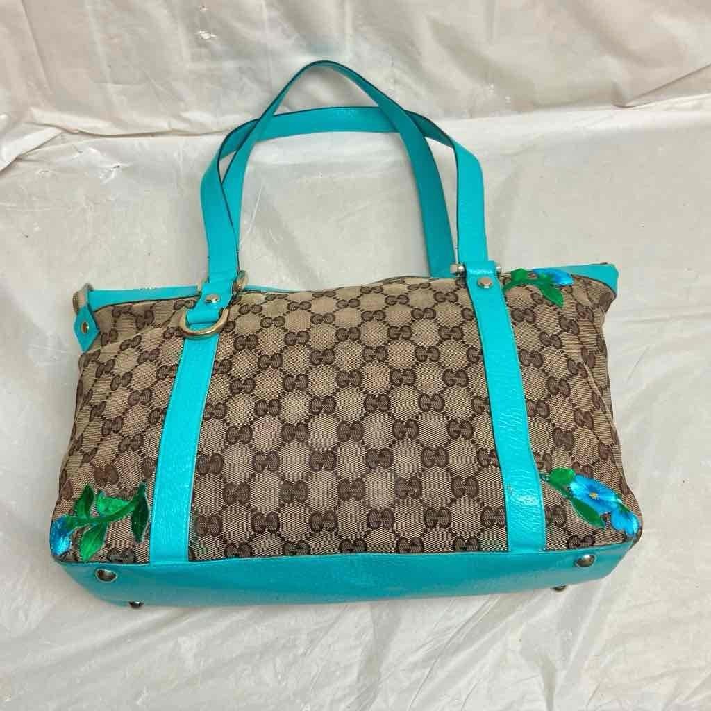 Vintage Gucci Italy, Brown Mono Beige Leather Handbag 13in x 9in x 4in