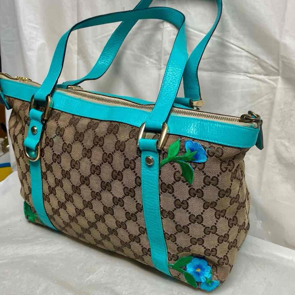Vintage Gucci Italy, Brown Mono Beige Leather Handbag 13in x 9in x 4in