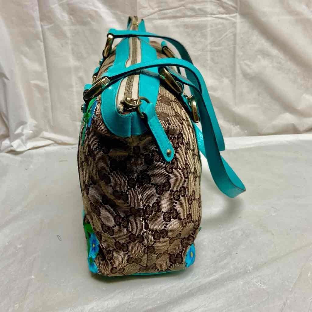 Vintage Gucci Italy, Brown Mono Beige Leather Handbag 13in x 9in x 4in