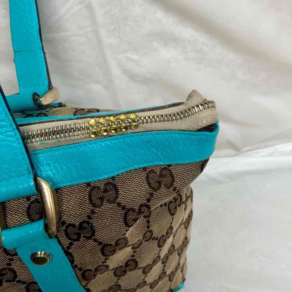 Vintage Gucci Italy, Brown Mono Beige Leather Handbag 13in x 9in x 4in