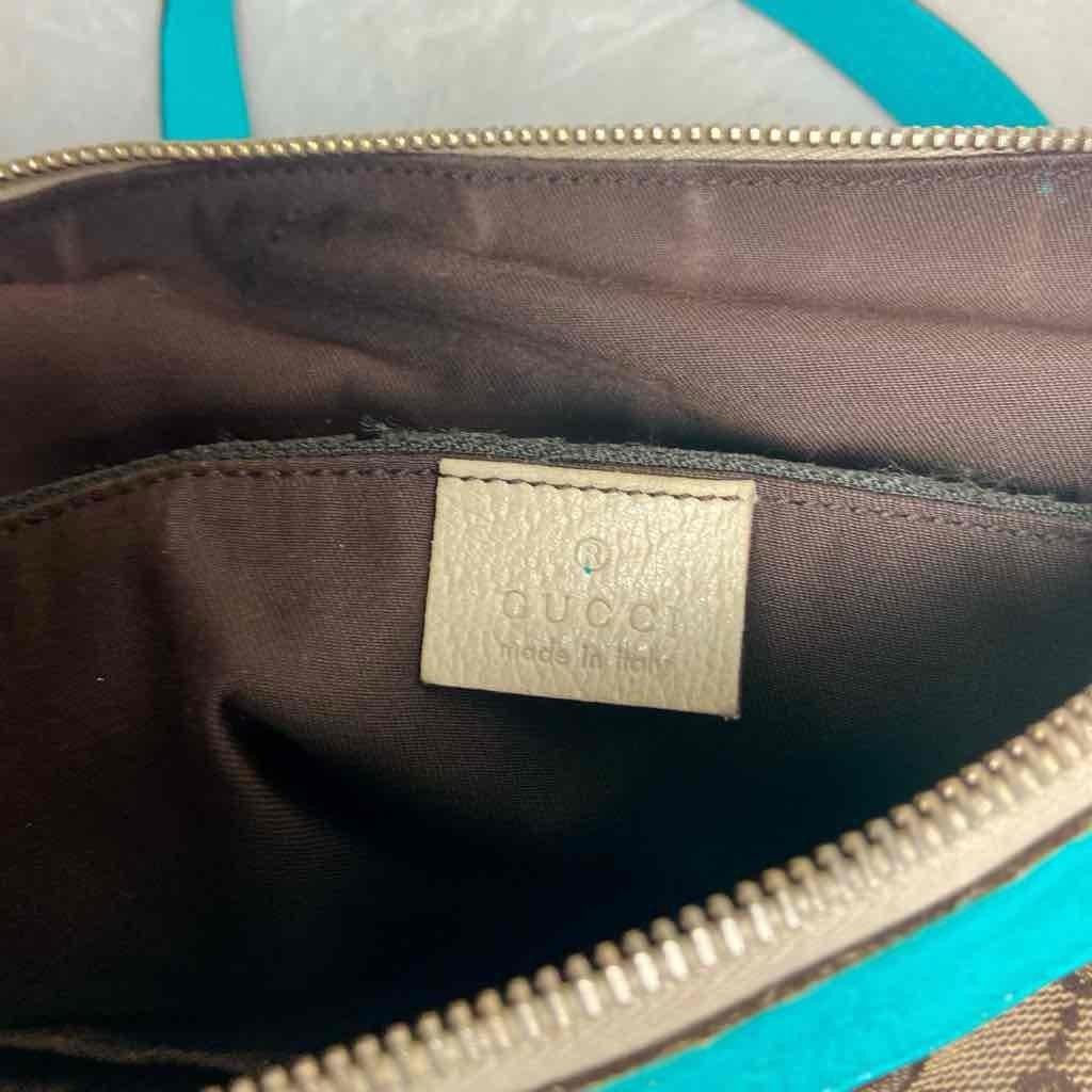 Vintage Gucci Italy, Brown Mono Beige Leather Handbag 13in x 9in x 4in