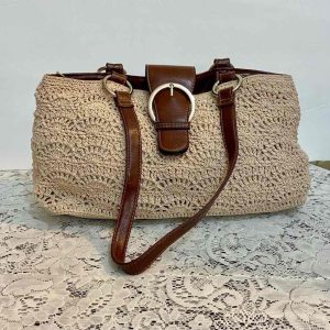 Vintage, Crocheted Beige Handbag with Brown Leather Straps