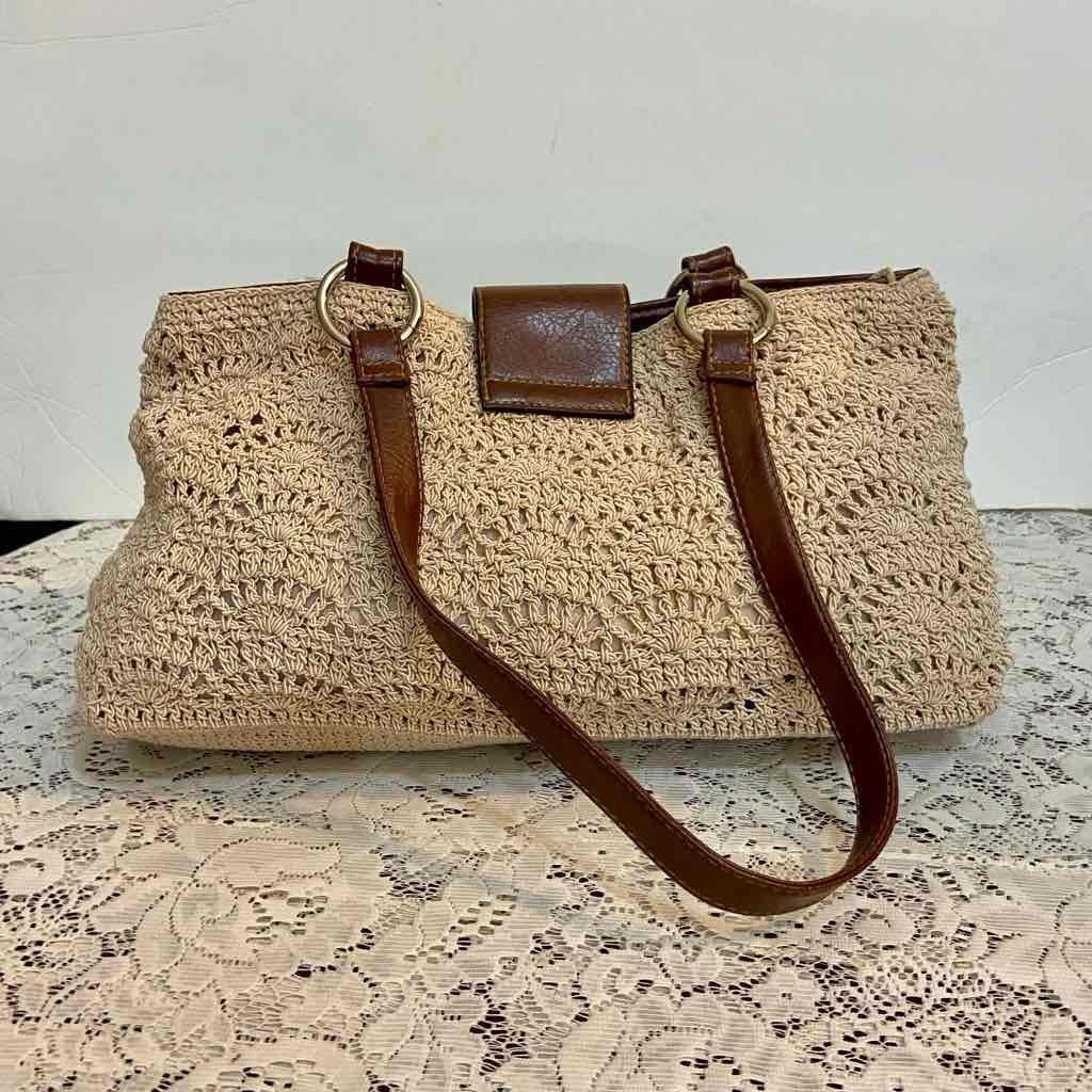 Vintage, Crocheted Beige Handbag with Brown Leather Straps