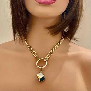 Fendi Dice Blue- Gold Pendant with 18-inch Gold Large Chain Necklace