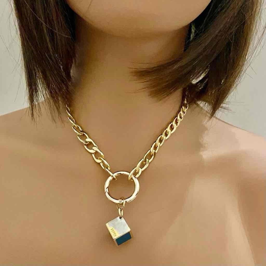 Fendi Dice Blue- Gold Pendant with 18-inch Gold Large Chain Necklace