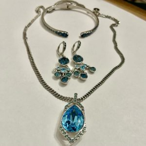 Vintage Givenchy Blue Crystals and Silver Necklace, Cuff Bangle and Earrings Set