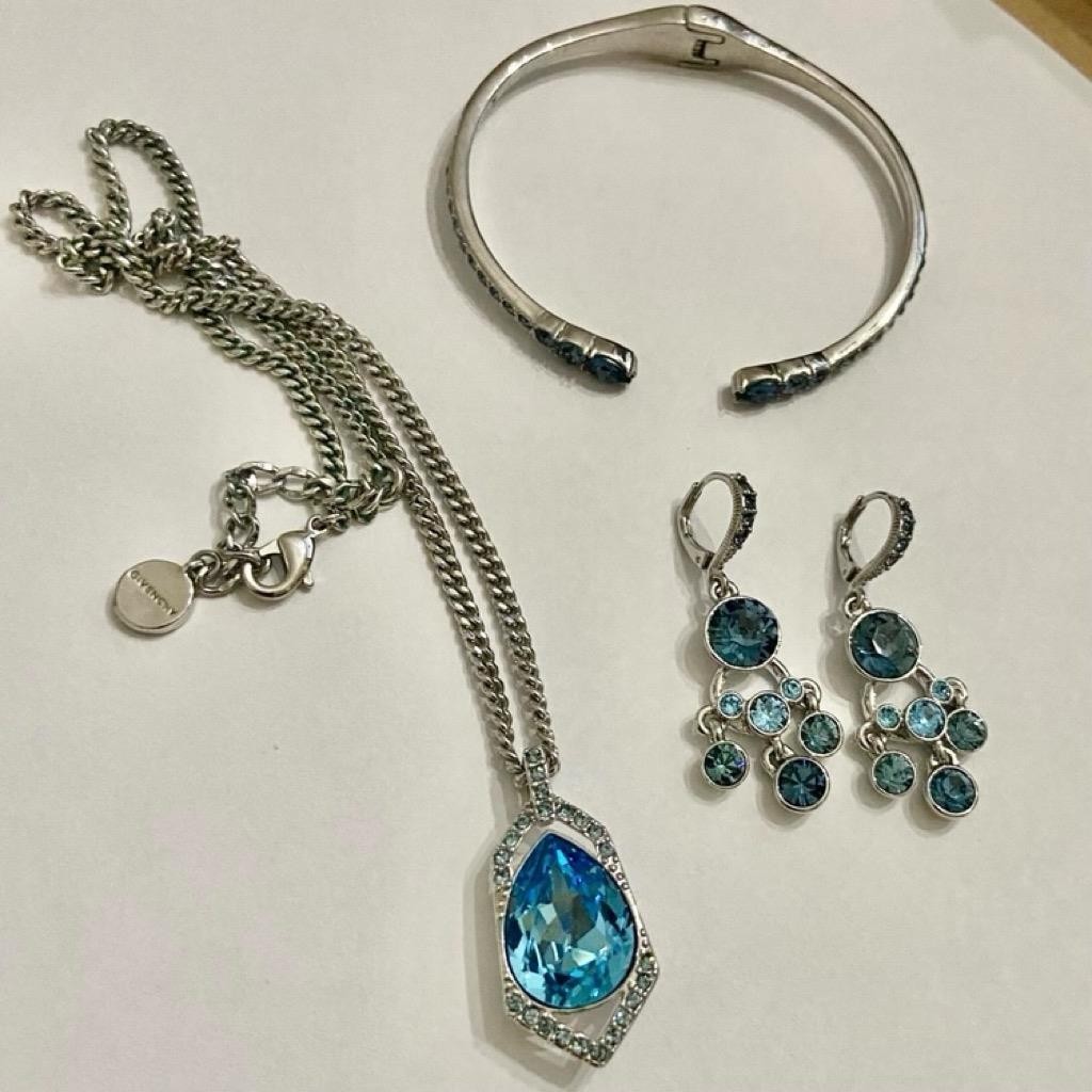 Vintage Givenchy Blue Crystals and Silver Necklace, Cuff Bangle and Earrings Set