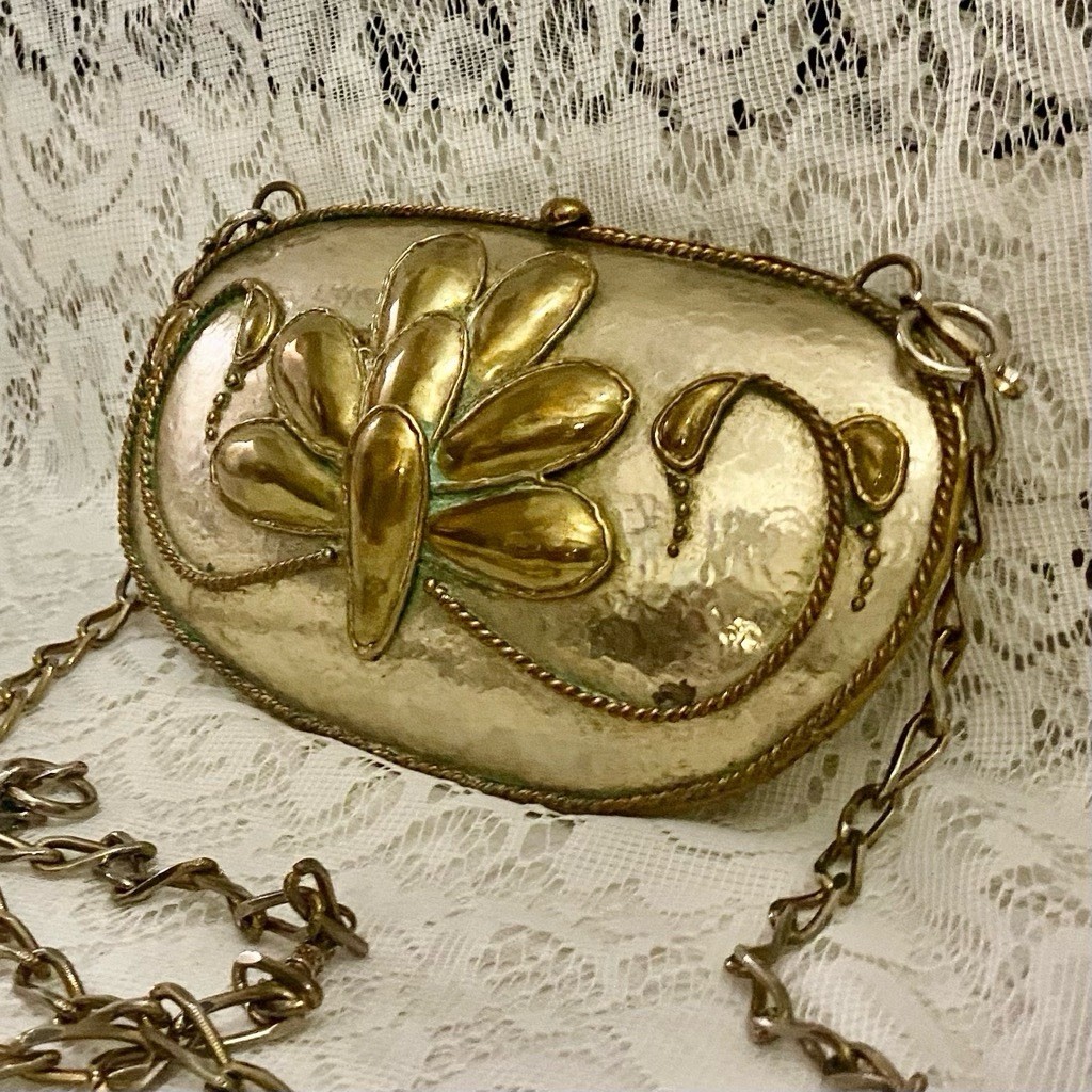 Antique-Art Deco Hammered Silver-Gold Purse- Crossbody Bag 9in x 5.5in x 2in