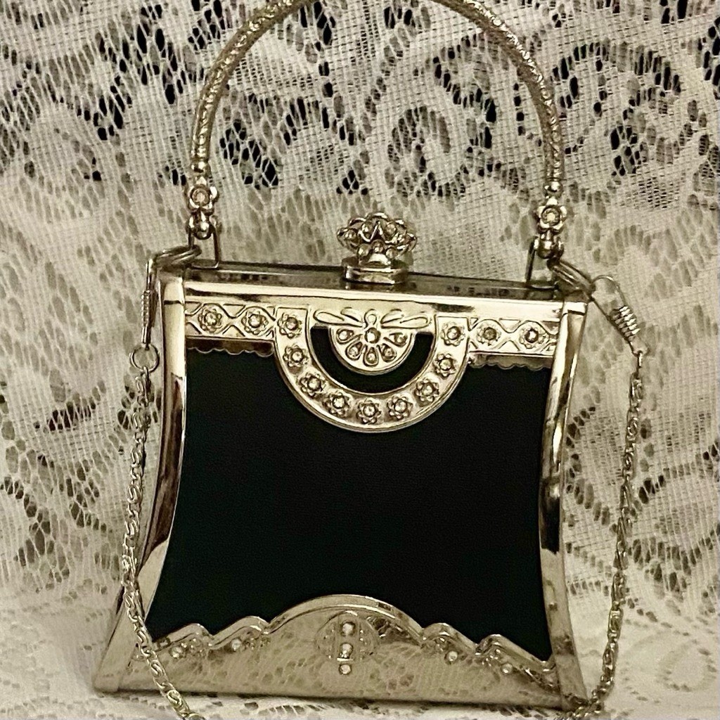 Vintage, Boxy Silver Satchel-Crossbody 5.5in x 4.5in x 2.5in