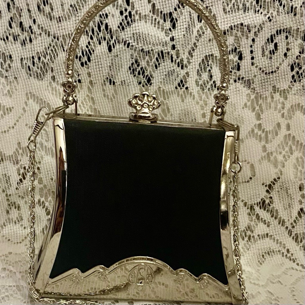Vintage, Boxy Silver Satchel-Crossbody 5.5in x 4.5in x 2.5in