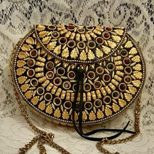 Vintage, Gold Metal Purse- Multi-Colored Stones Crossbody 7.5in x 6in x 2in