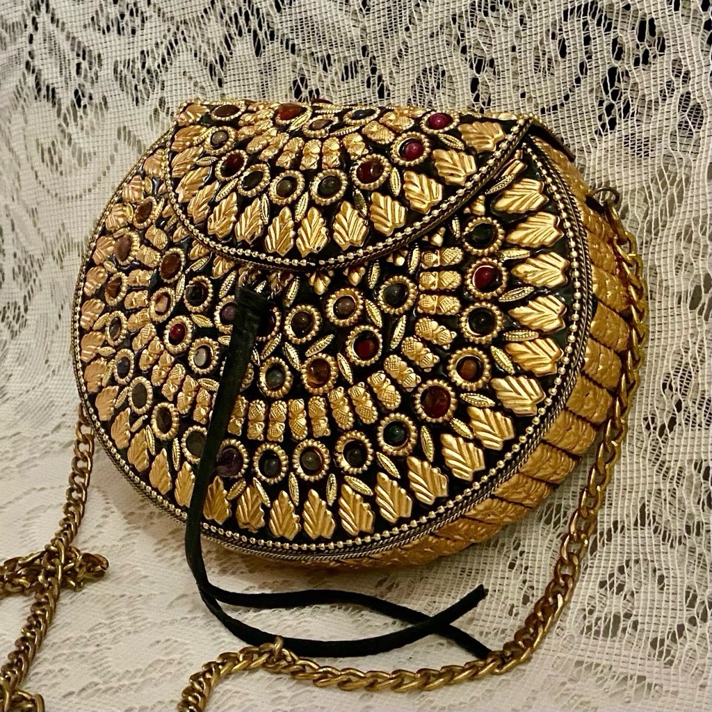 Vintage, Gold Metal Purse- Multi-Colored Stones Crossbody 7.5in x 6in x 2in
