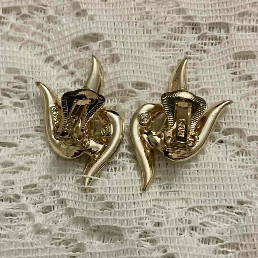 Art Deco, Vintage, Kramer Gold Tone Earrings with Clear Crystals Clip Earrings