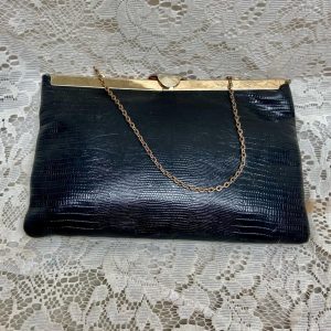 Vintage Etra , Embossed Black Lizard Leather Clutch -Shoulder Bag 9.5in x 6in