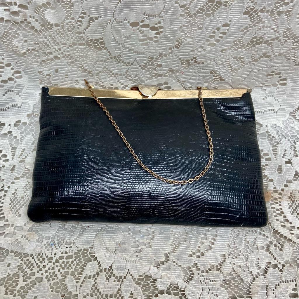 Vintage Etra , Embossed Black Lizard Leather Clutch -Shoulder Bag 9.5in x 6in