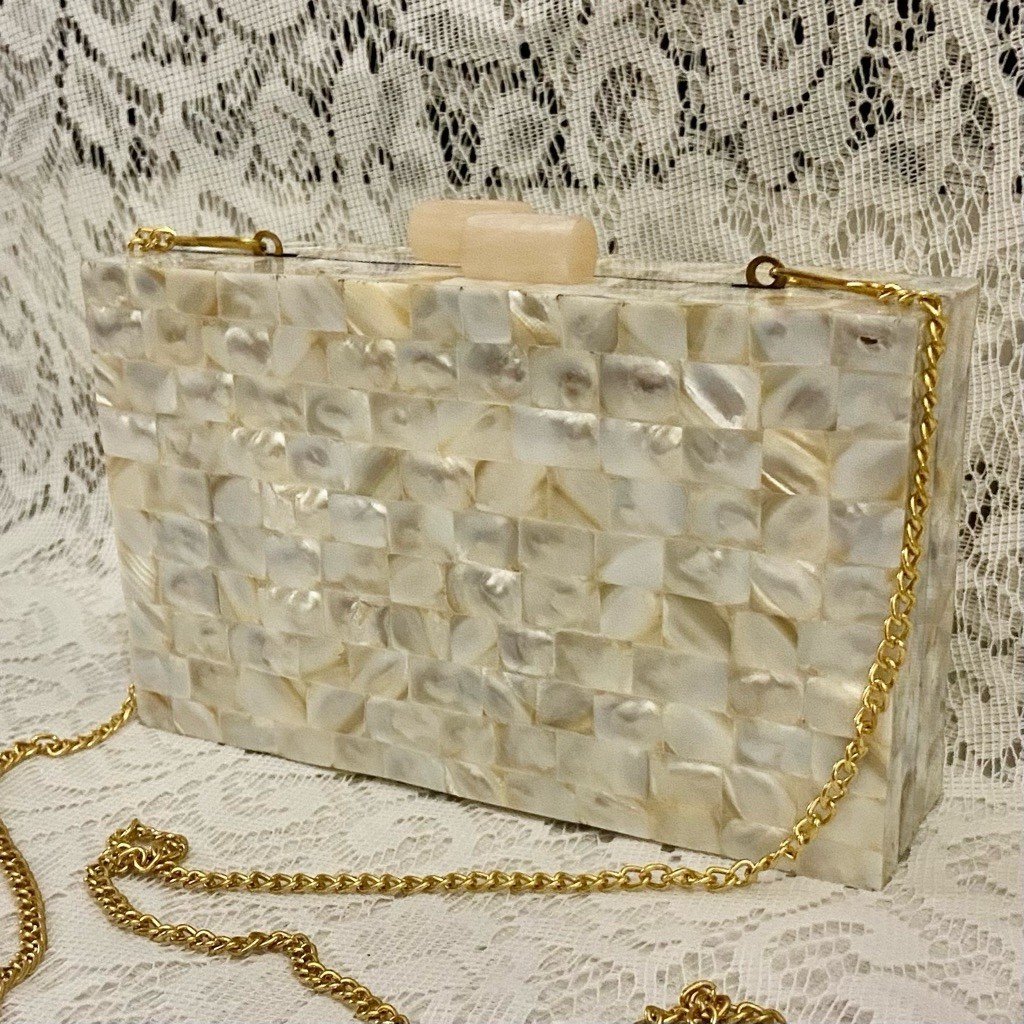 White Lucite -MOP Shards Rectangular Clutch- Purse Crossbody 8in x 5in x 2in