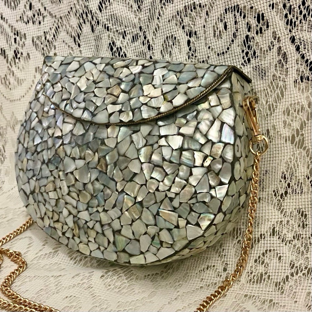 Abalone Tiles Mosaic Rounded Clutch- Purse Crossbody 7.5in x 5.5in x 2in