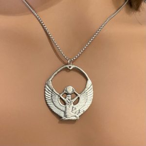 Vintage Egyptian Winged Goddess Silver Filled Cameo with 18in Silver Tone Chain