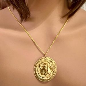 Vintage Egyptian Pharaoh Gold Filled Cameo with 18in Gold Tone Chain Necklace