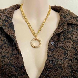 Elegant, Large, Gold-plated, Paved Rhinestones Charm Necklace