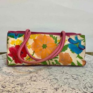 Multicolor Floral Handbag with Pink Leather Trim