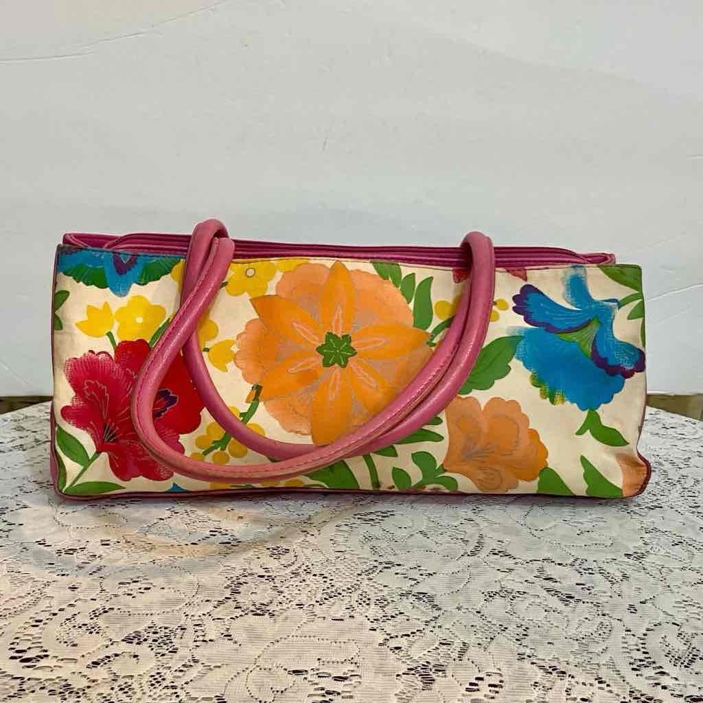 Multicolor Floral Handbag with Pink Leather Trim