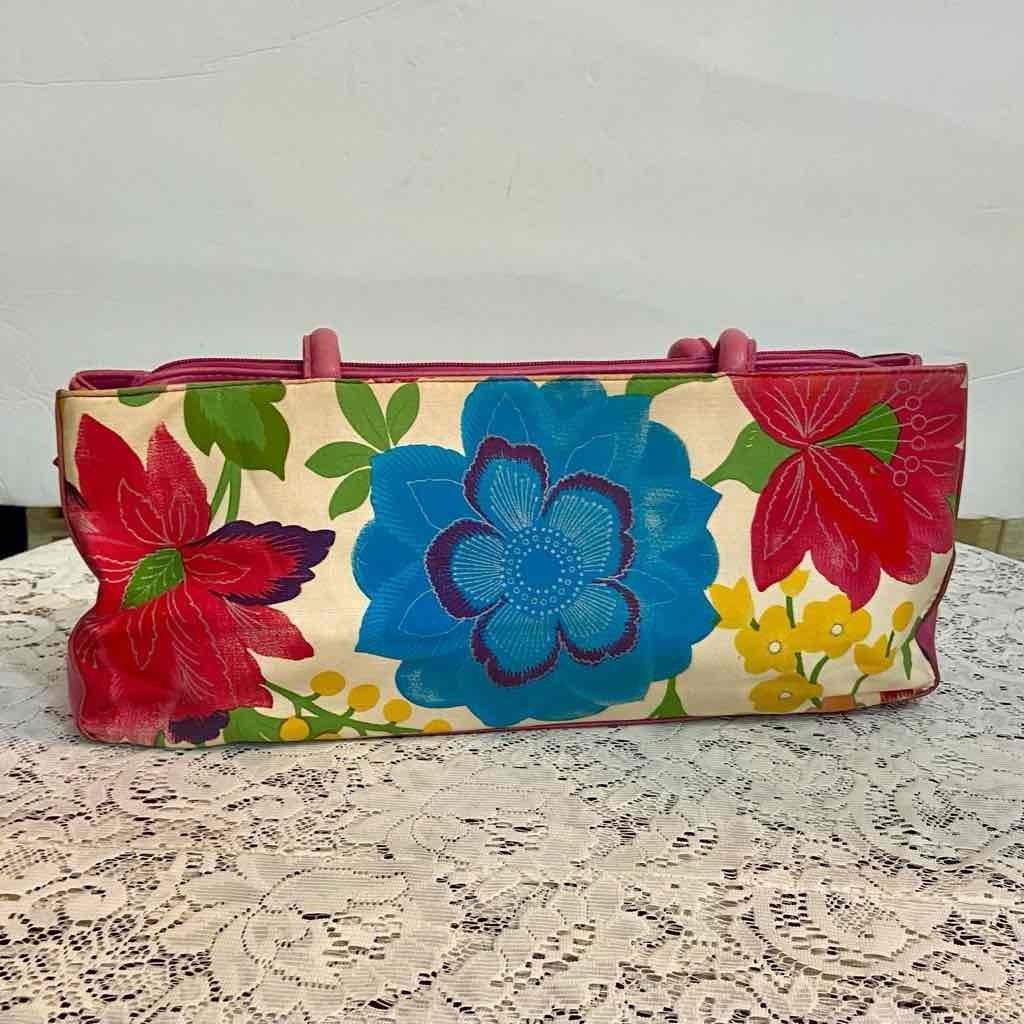 Multicolor Floral Handbag with Pink Leather Trim
