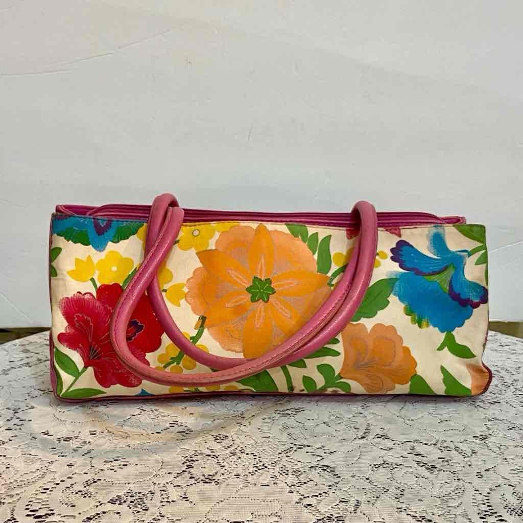 Multicolor Floral Handbag with Pink Leather Trim