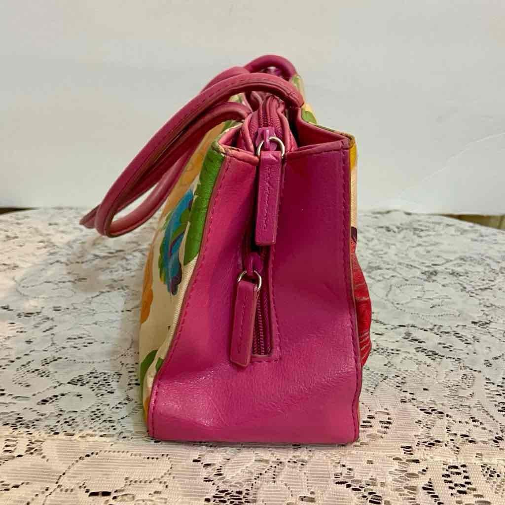Multicolor Floral Handbag with Pink Leather Trim