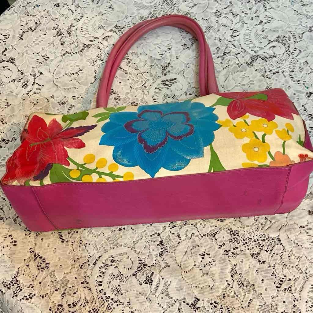 Multicolor Floral Handbag with Pink Leather Trim