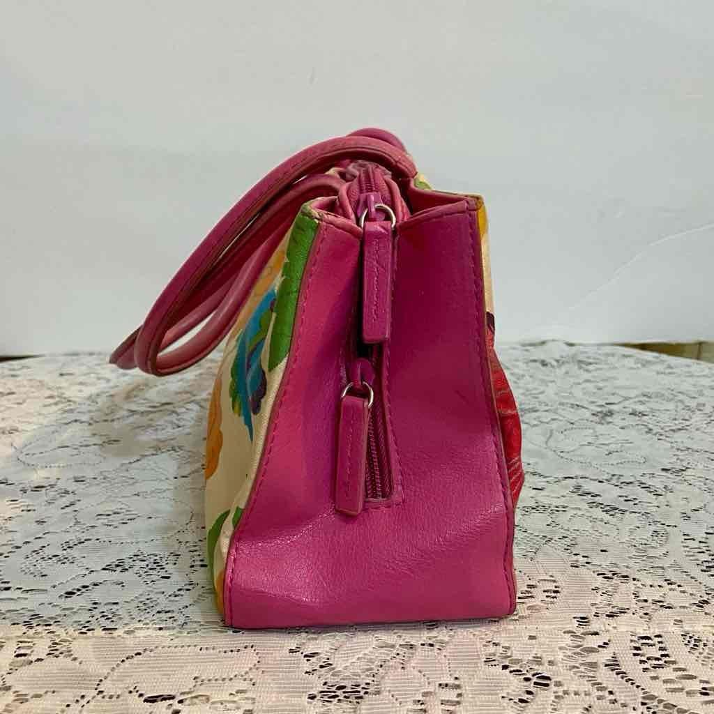 Multicolor Floral Handbag with Pink Leather Trim