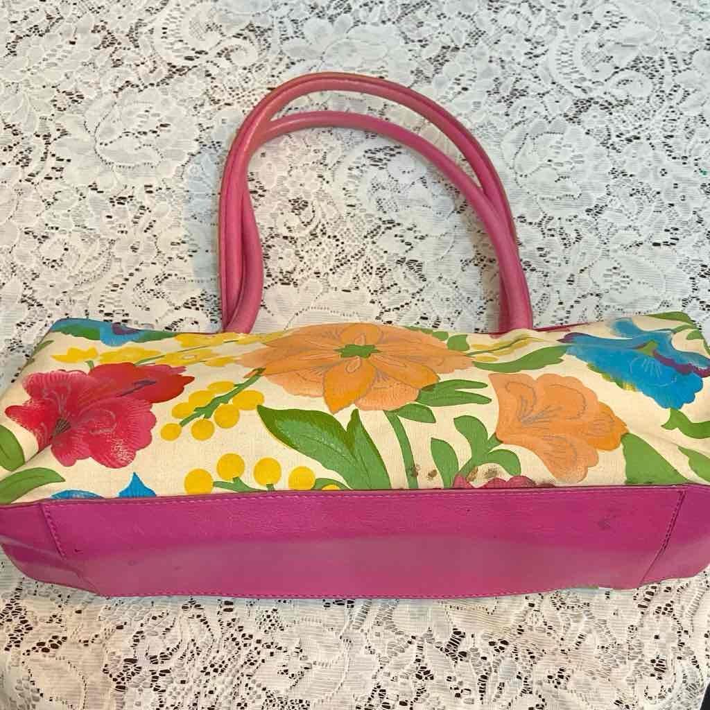 Multicolor Floral Handbag with Pink Leather Trim
