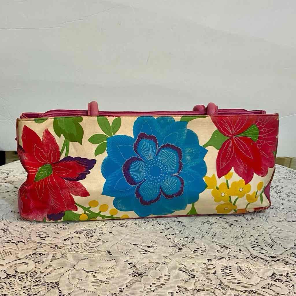 Multicolor Floral Handbag with Pink Leather Trim