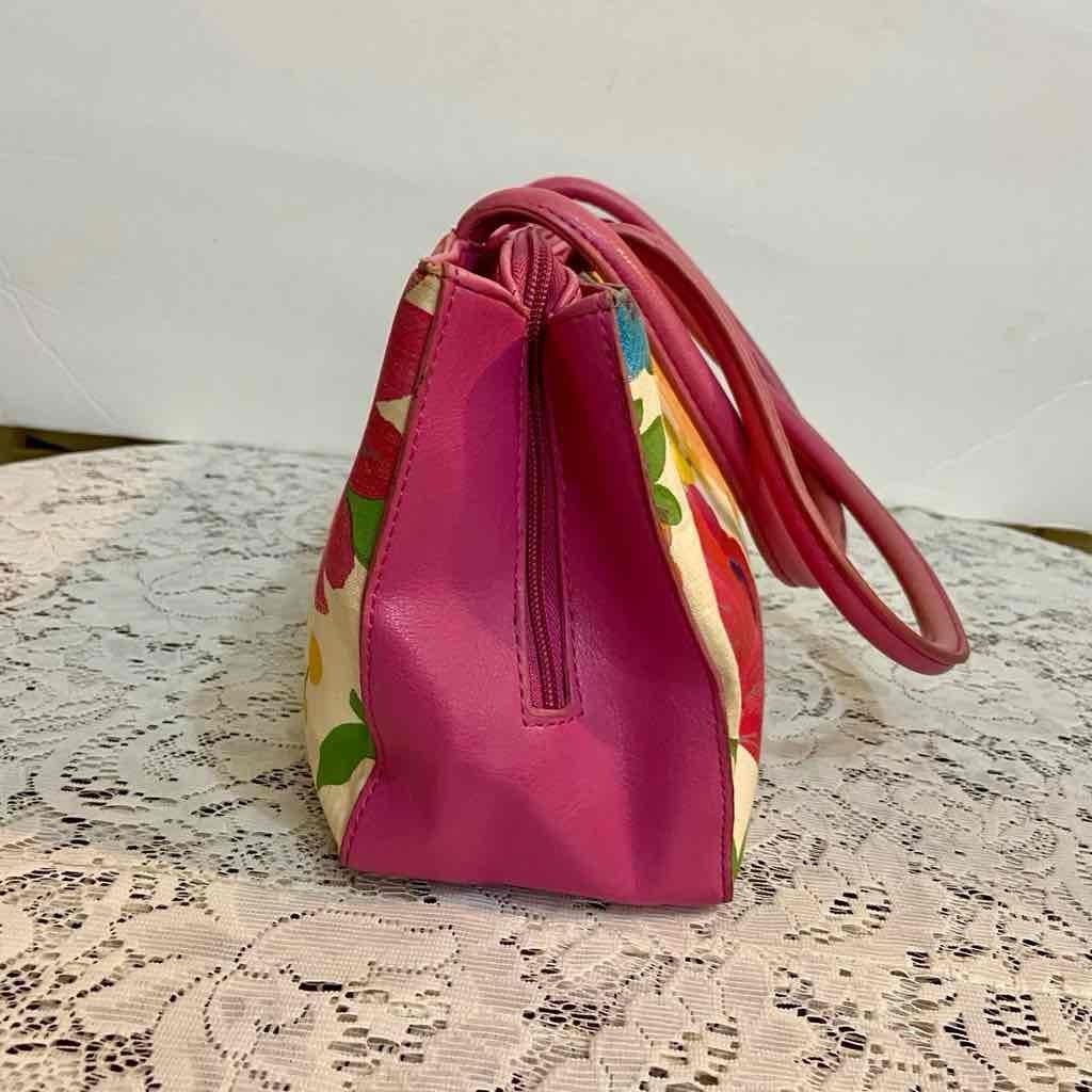 Multicolor Floral Handbag with Pink Leather Trim