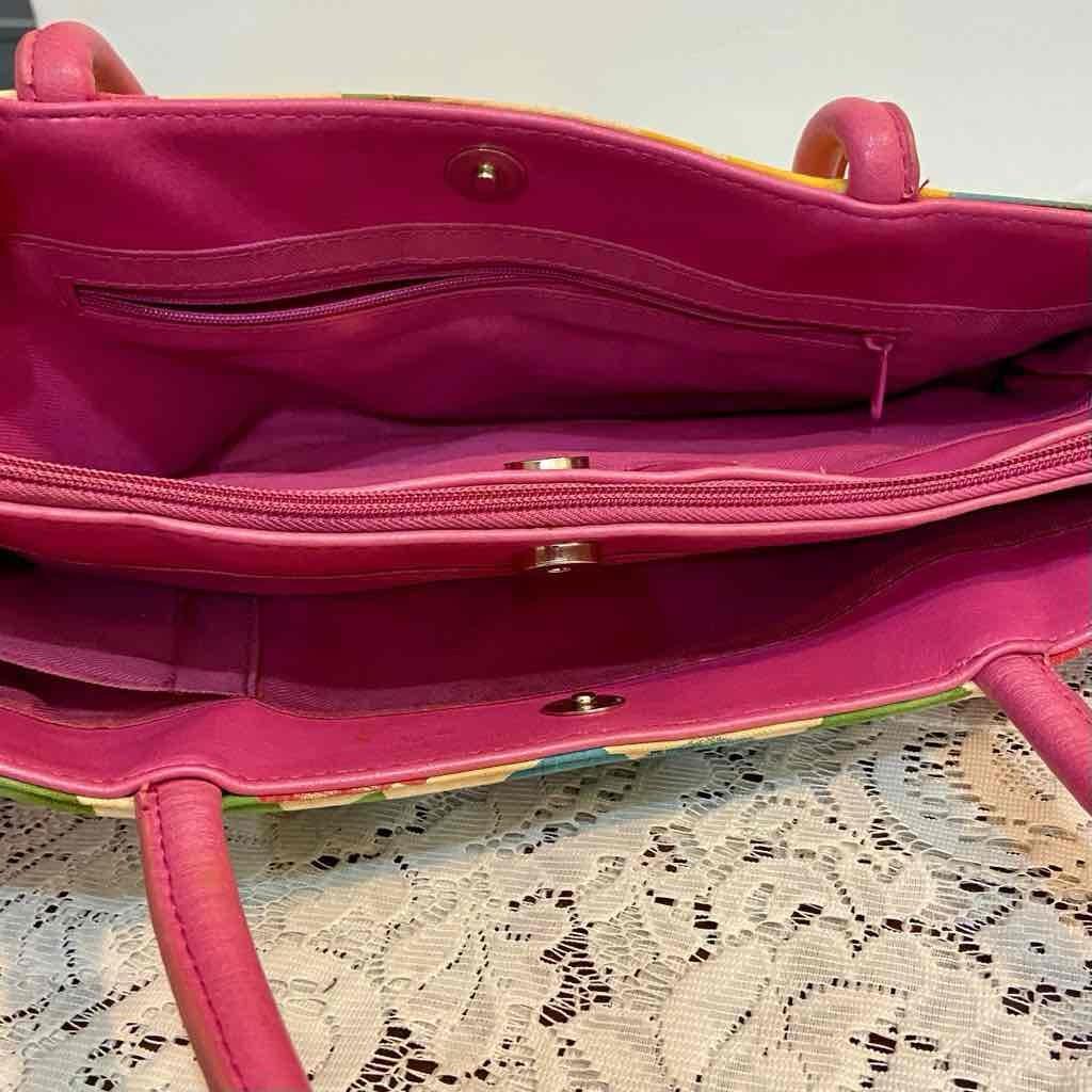 Multicolor Floral Handbag with Pink Leather Trim