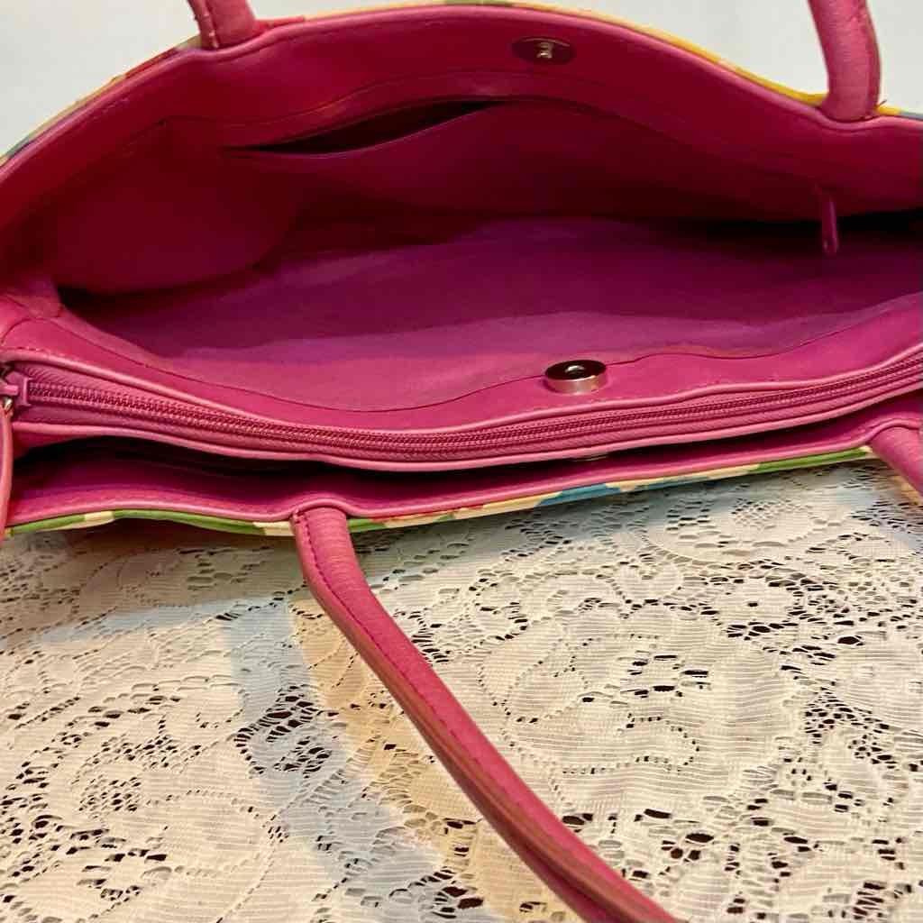 Multicolor Floral Handbag with Pink Leather Trim