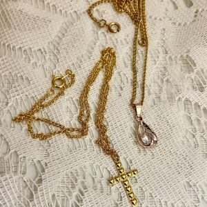 Vintage Lot of 2 Gold Tone Necklaces- Cross and Crystal Pendants