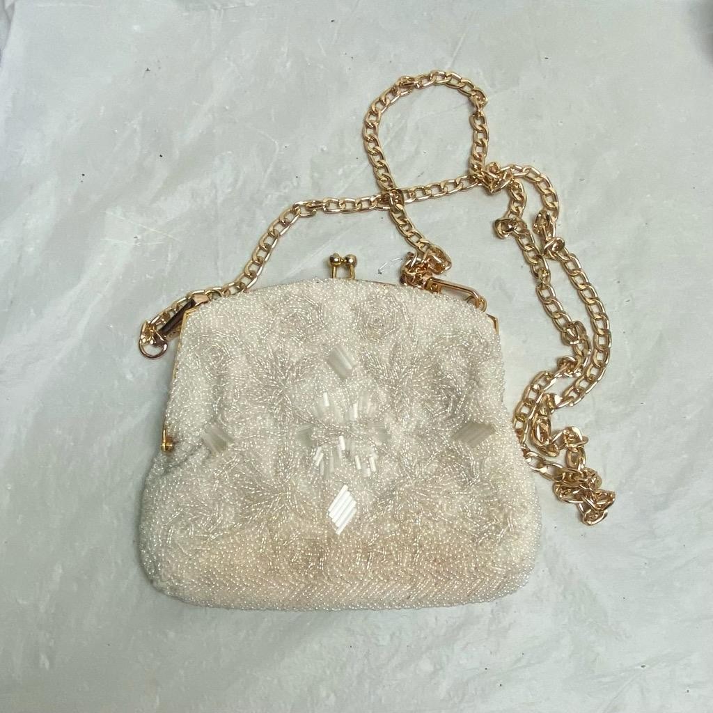 Vintage, White Beaded Shoulder Evening Bag 6in x 6in