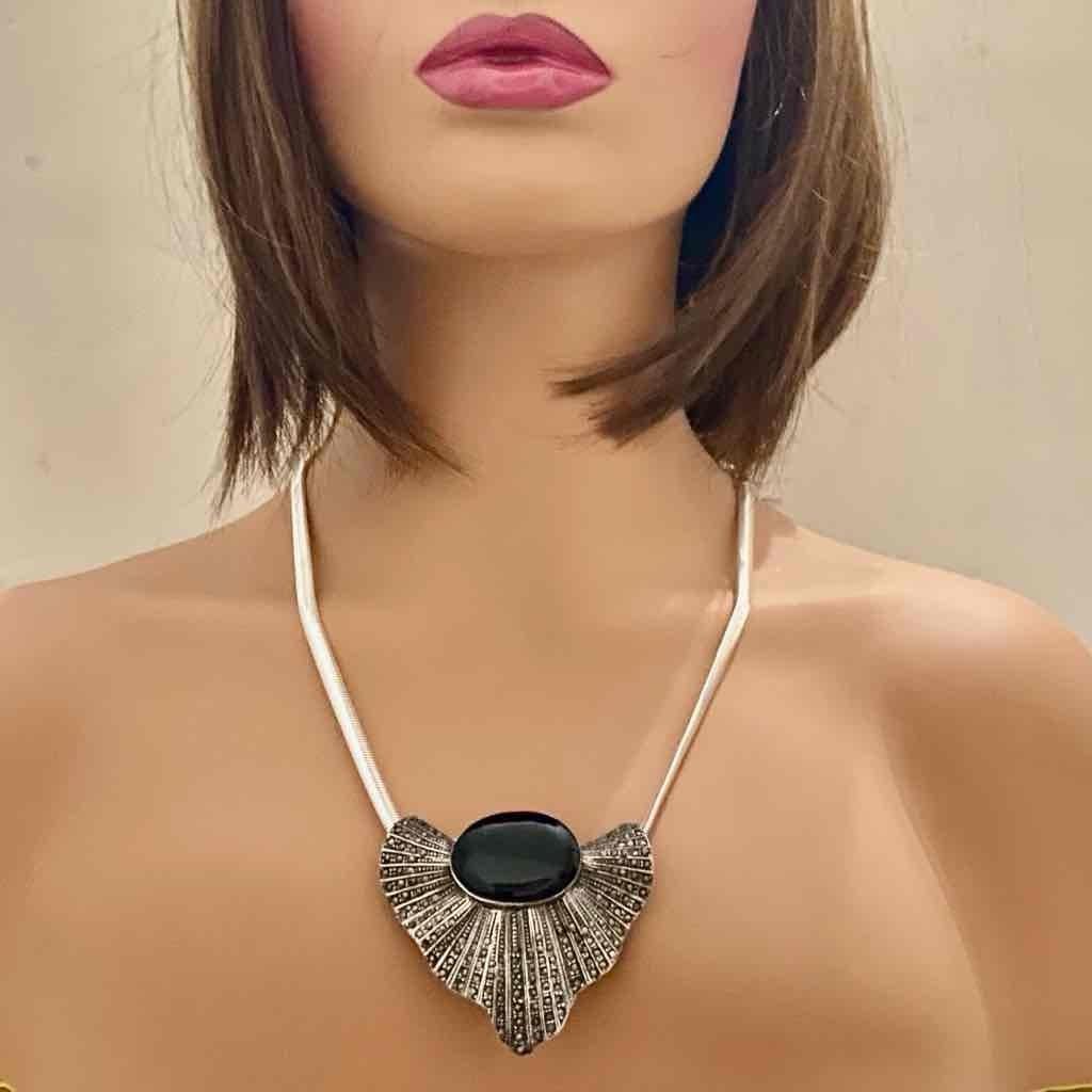 Antique Art Deco-Sterling- Marcasite Shell Shaped Brooch-Pendant Necklace